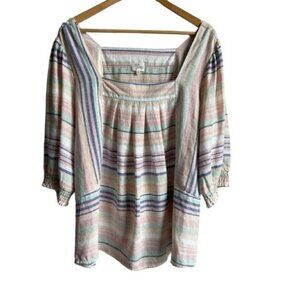 AVA JAMES 2X Striped Linen Blend Striped Peasant Top